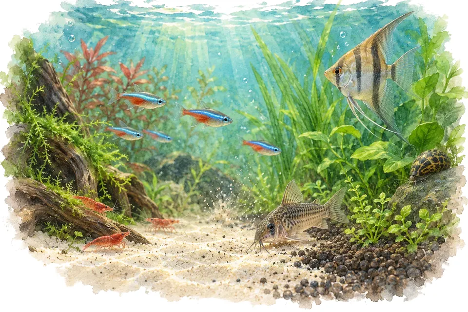 Illustration aquarelle : Faut-il rincer le sable avant de le mettre dans l’aquarium ?