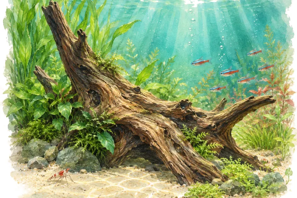 Illustration aquarelle : Peut-on mettre du bois ramassé dehors dans un aquarium ?