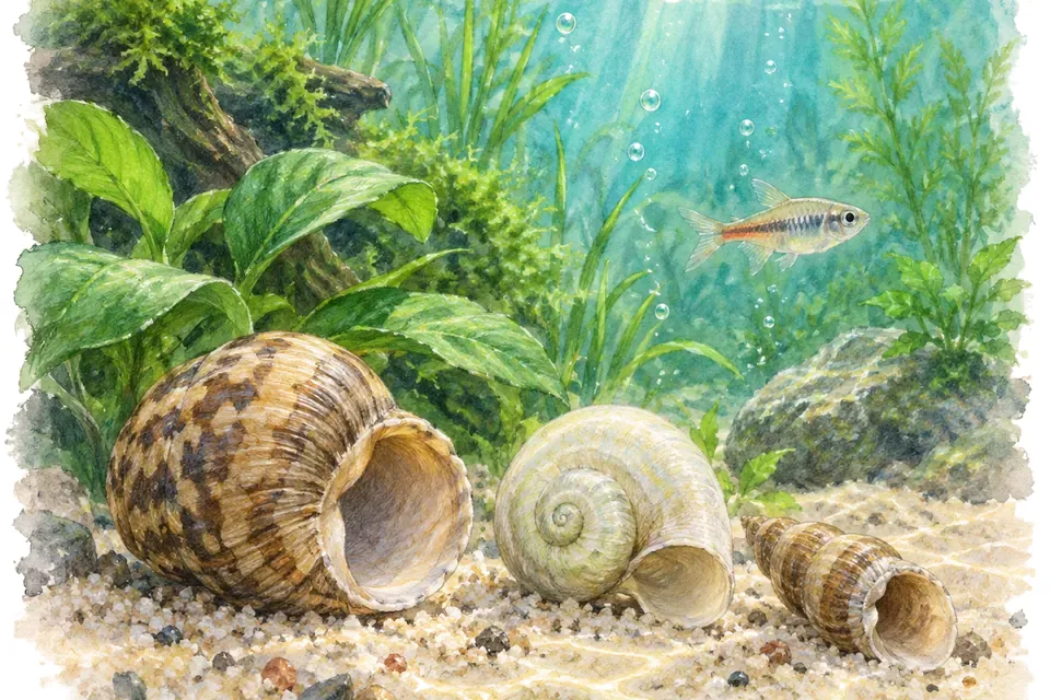 Illustration aquarelle : Peut-on mettre des coquillages dans un aquarium d’eau douce ?