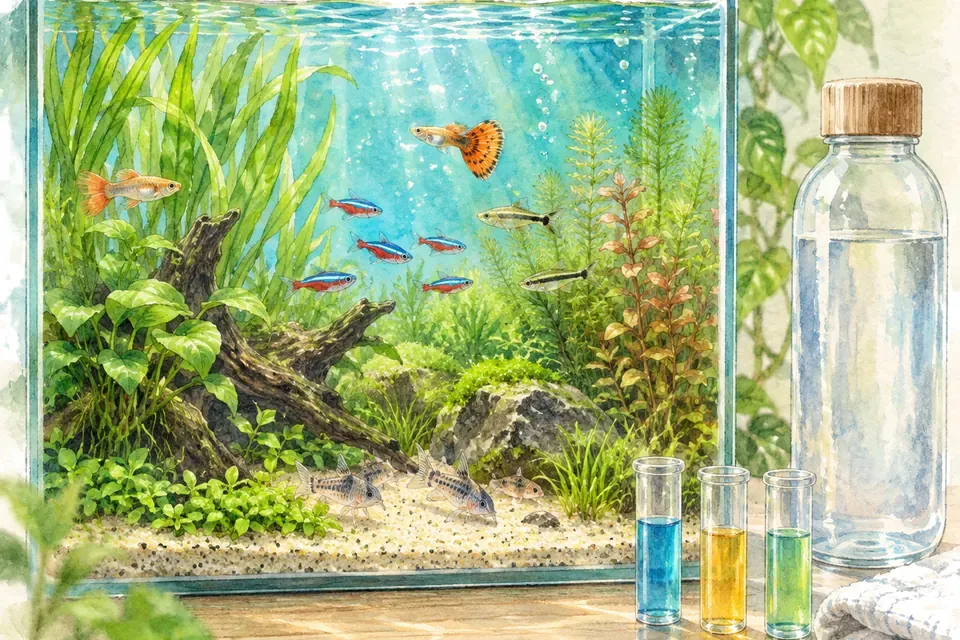 Illustration aquarelle : Peut-on utiliser de l’eau en bouteille dans un aquarium ?