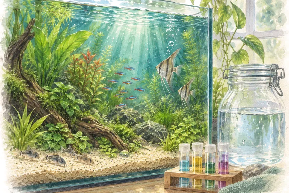 Illustration aquarelle : Peut-on utiliser de l’eau de pluie dans un aquarium ?