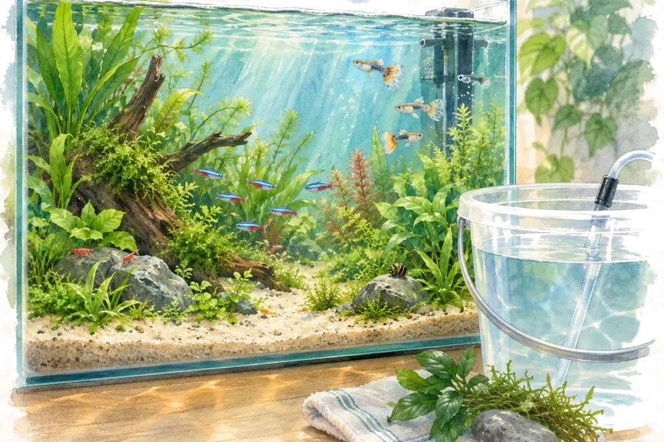 Illustration aquarelle : Peut-on remplir un aquarium avec l’eau du robinet ?
