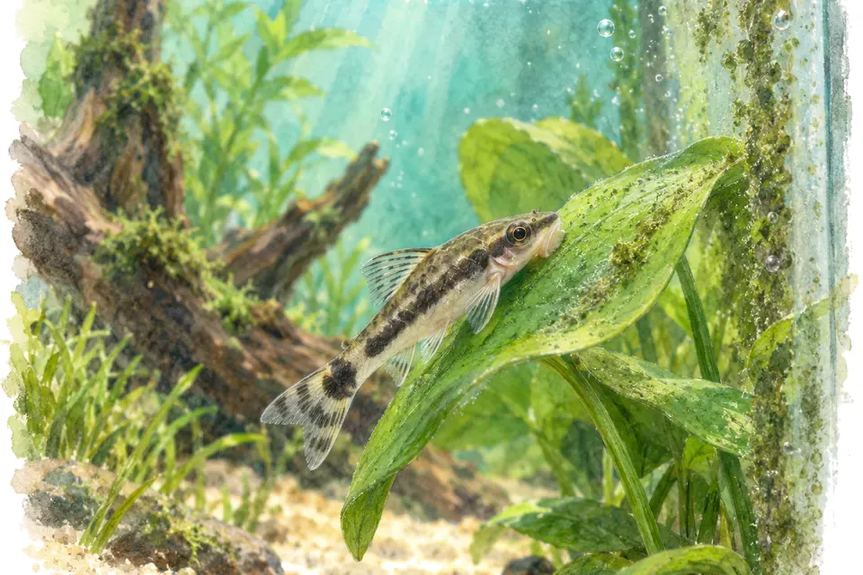 Illustration aquarelle : Un poisson mangeur d’algues peut-il nettoyer tout l’aquarium ?