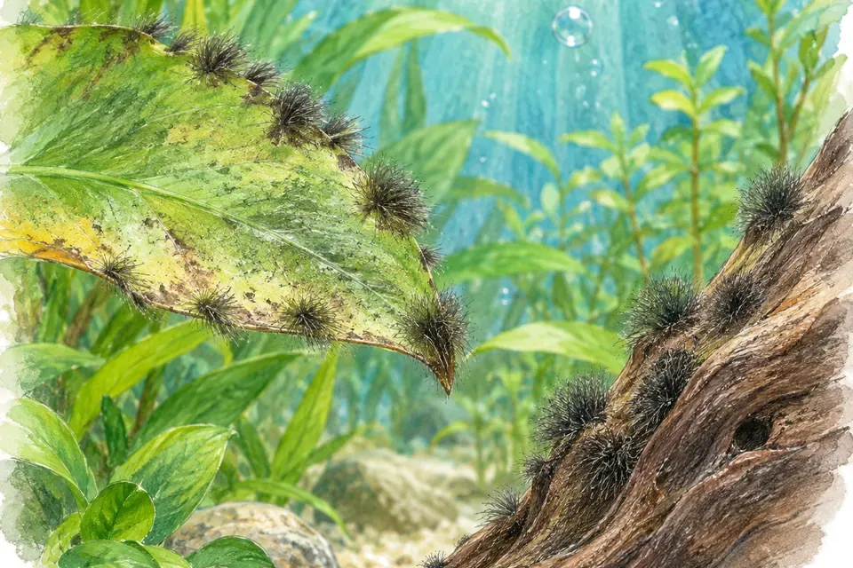 Illustration aquarelle : Pourquoi des algues en petits pinceaux poussent-elles dans mon aquarium ?