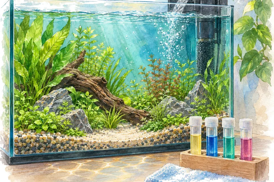 Illustration aquarelle : Pourquoi faut-il attendre avant de mettre les poissons dans un aquarium neuf ?