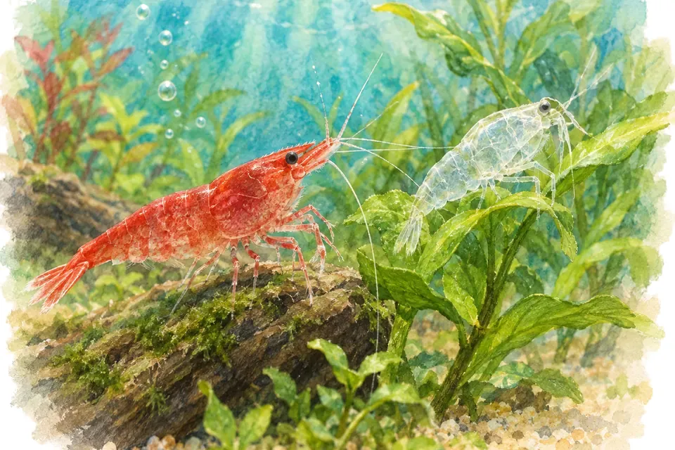 Illustration aquarelle : Pourquoi les crevettes laissent-elles une enveloppe transparente dans l’aquarium ?