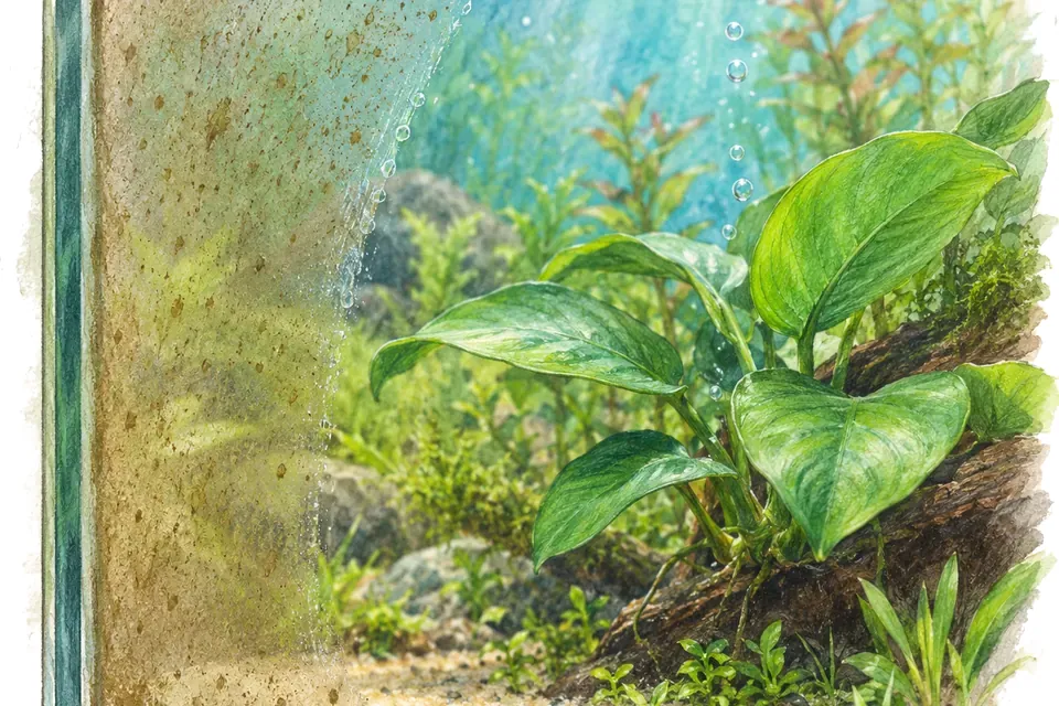 Illustration aquarelle : Pourquoi un dépôt brun apparaît-il dans un aquarium neuf ?