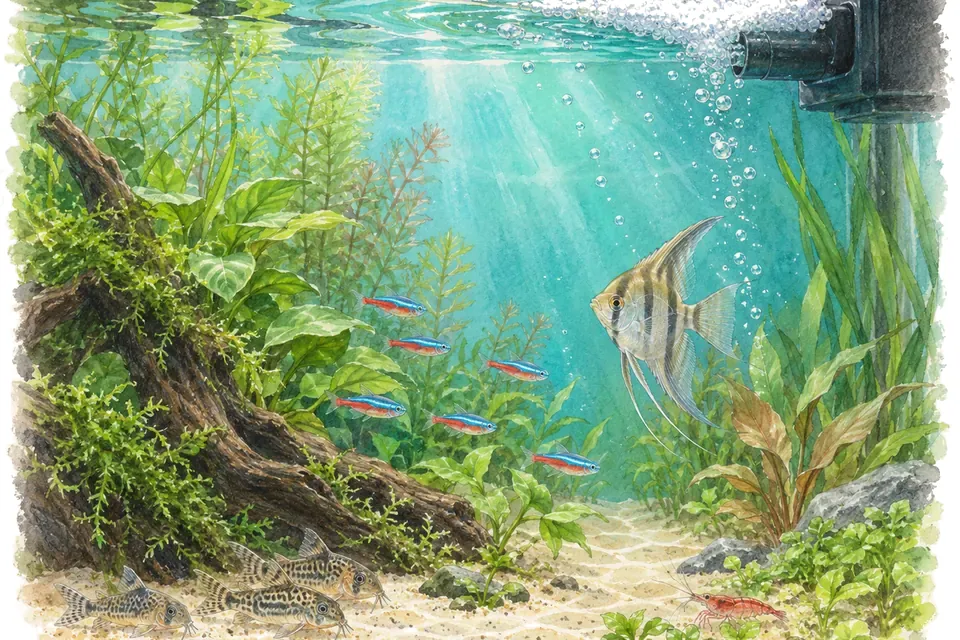 Illustration aquarelle : Pourquoi de la mousse apparaît-elle sur l’eau de l’aquarium ?