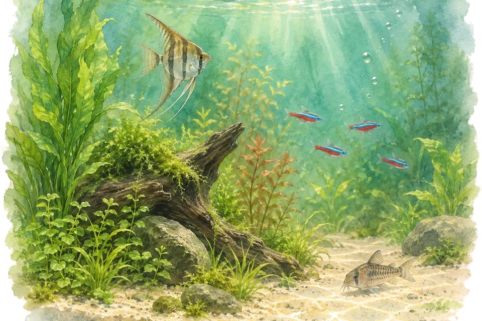 Illustration aquarelle : Pourquoi l’eau de mon aquarium devient-elle verte ?