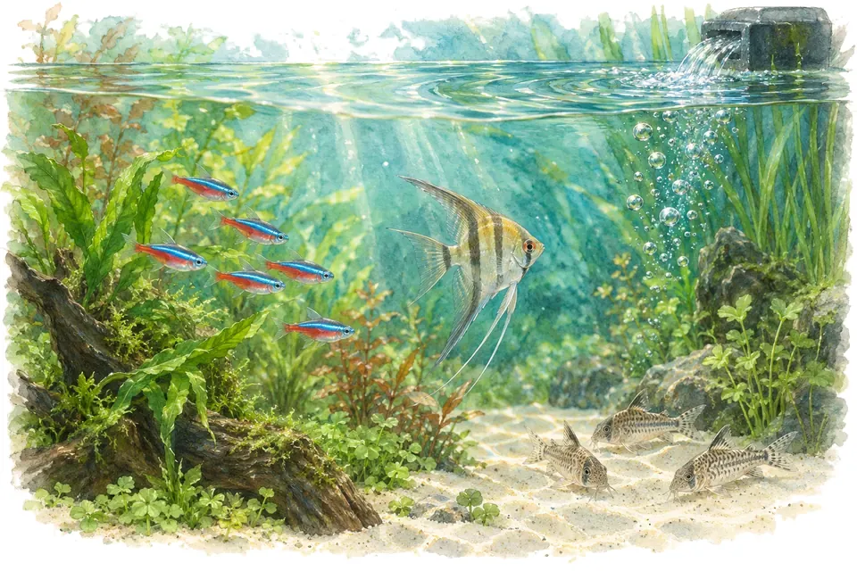 Illustration aquarelle : Pourquoi une pellicule se forme-t-elle à la surface de l’aquarium ?