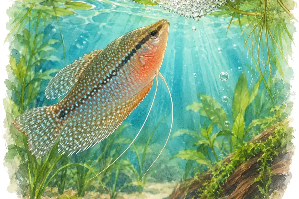Illustration aquarelle : Pourquoi certains gouramis construisent-ils un nid de bulles ?