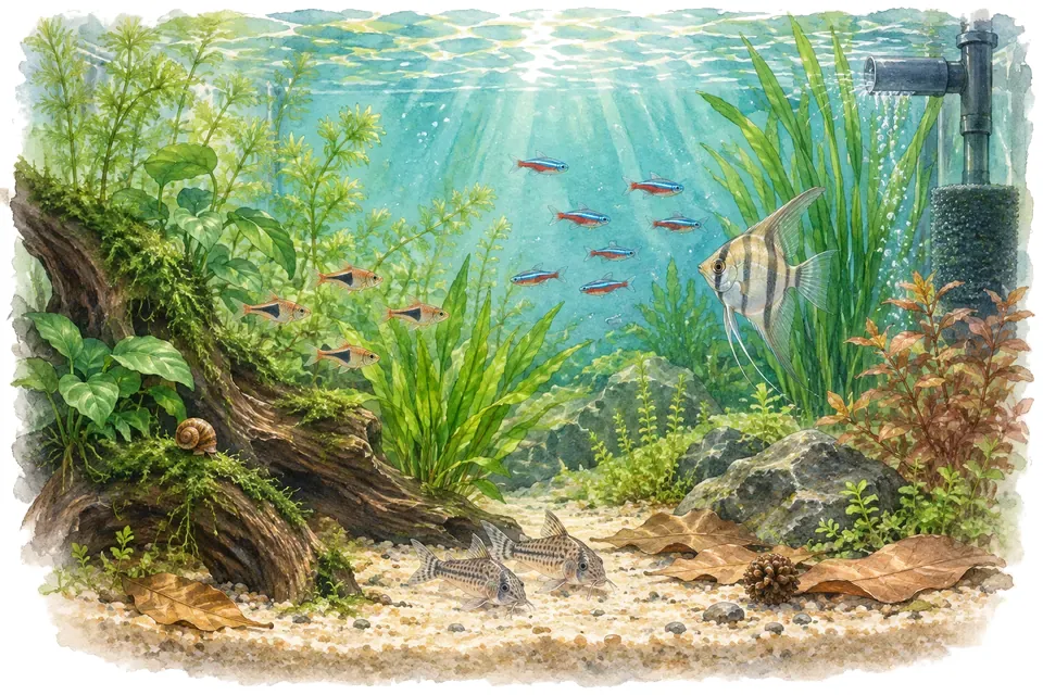 Illustration aquarelle : Pourquoi les nitrates augmentent-ils dans mon aquarium ?