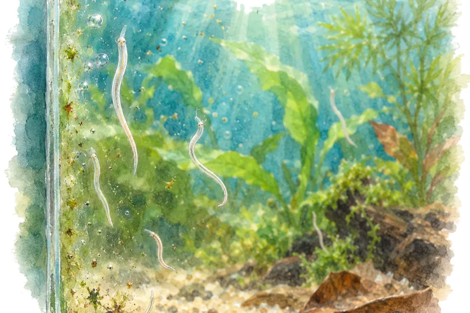 Illustration aquarelle : Pourquoi de petits vers apparaissent-ils sur les vitres de l’aquarium ?