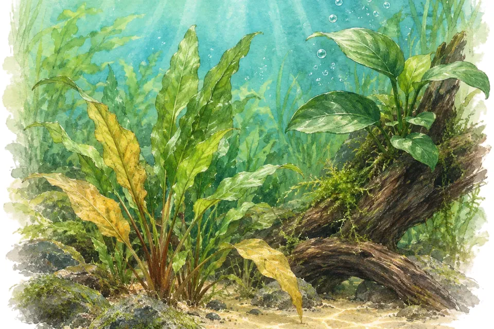 Illustration aquarelle : Pourquoi les feuilles de mes plantes d’aquarium jaunissent-elles ?
