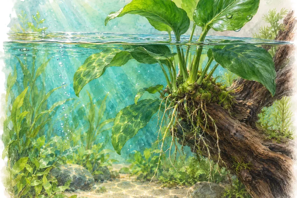 Illustration aquarelle : Pourquoi certaines plantes d’aquarium poussent-elles aussi hors de l’eau ?