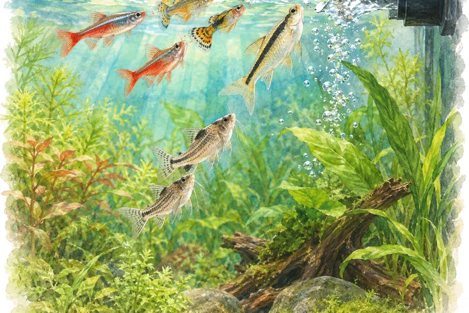 Illustration aquarelle : Pourquoi mes poissons restent-ils à la surface ?