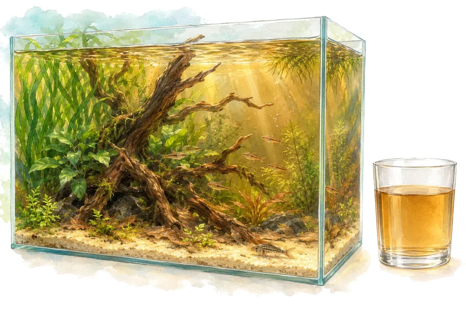 Illustration aquarelle : Pourquoi une racine colore-t-elle l’eau de l’aquarium en brun ?