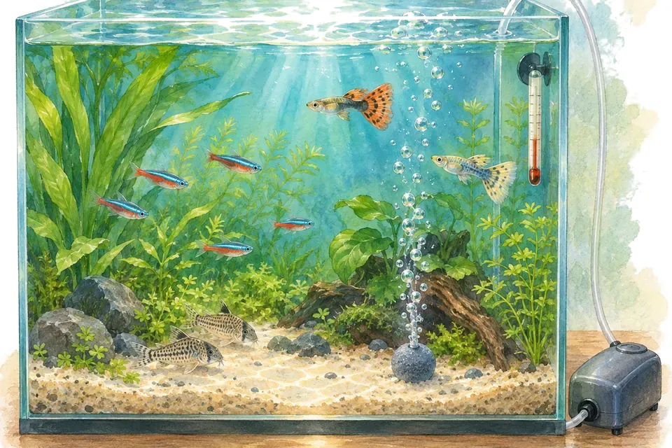 Illustration aquarelle : Que faire pour l’aquarium pendant une coupure de courant ?