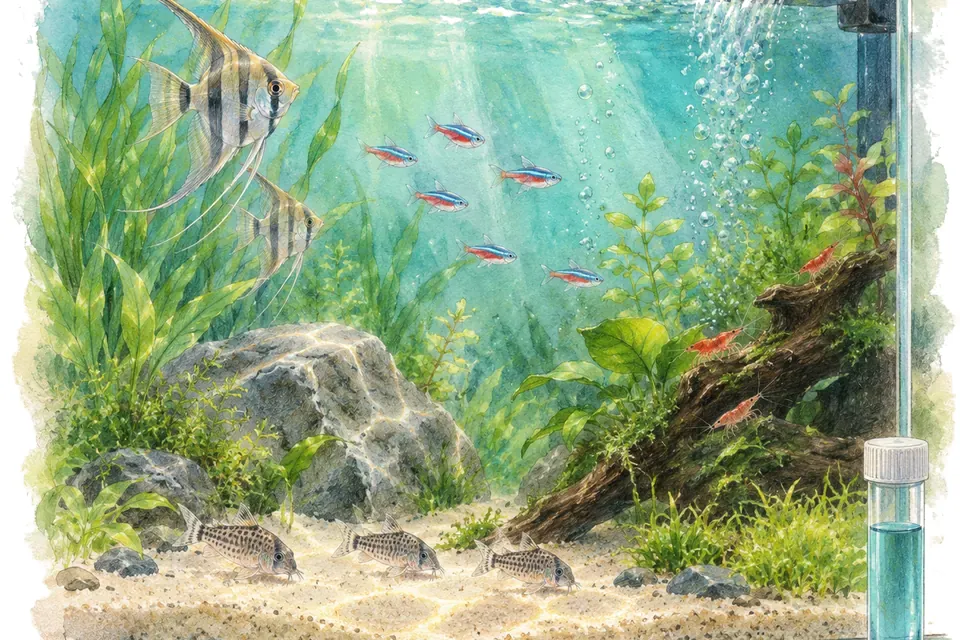 Illustration aquarelle : Que faire si un test détecte des nitrites dans l’aquarium ?
