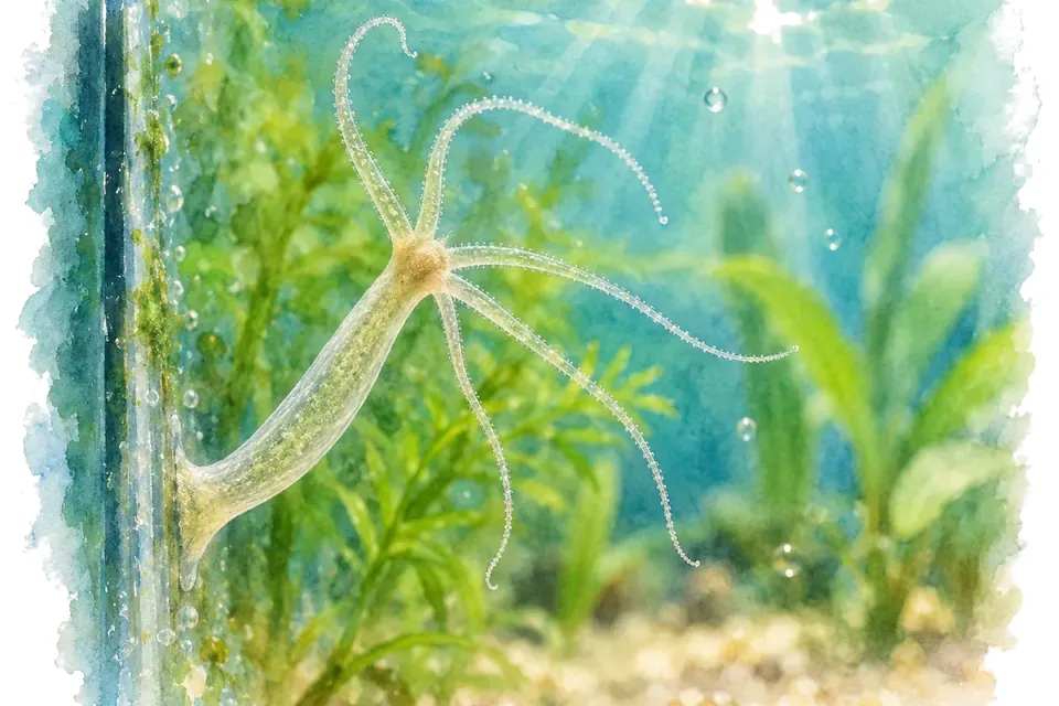 Illustration aquarelle : Que sont les petites hydres fixées sur les vitres de l’aquarium ?
