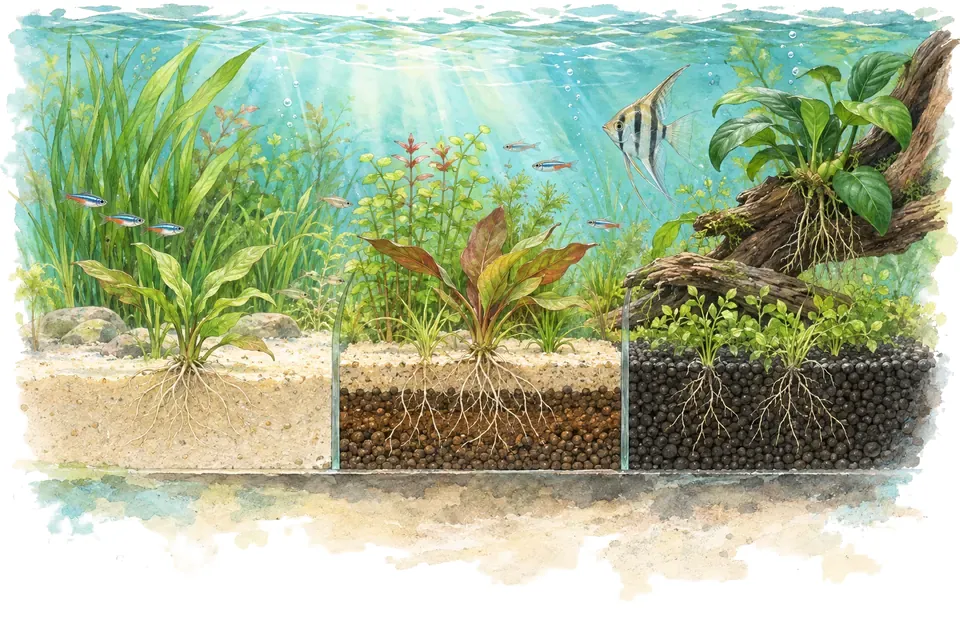 Illustration aquarelle : Quel sol choisir pour un aquarium planté ?