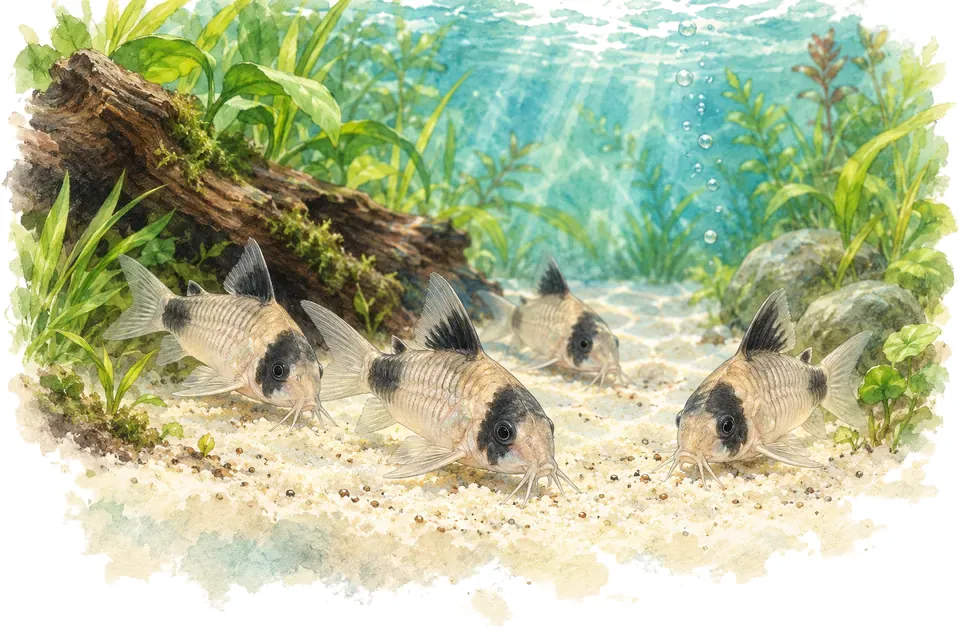 Illustration aquarelle : Quel sol convient aux corydoras ?