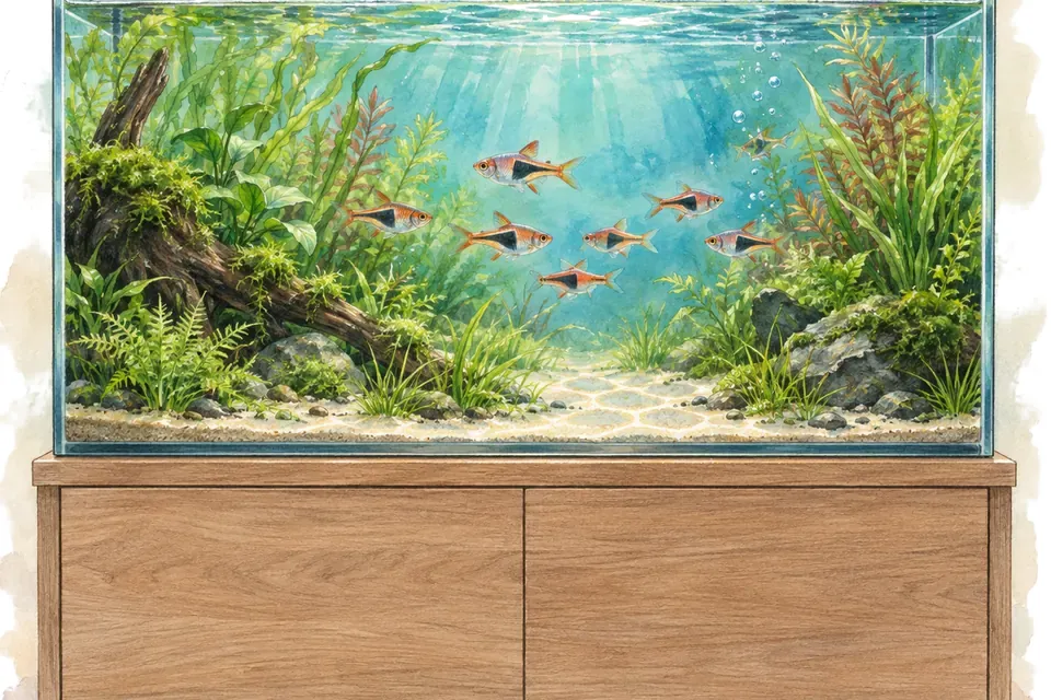 Illustration aquarelle : Quel volume d’aquarium choisir pour débuter ?