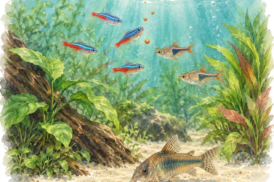 Illustration aquarelle : Quelle quantité de nourriture donner aux poissons ?