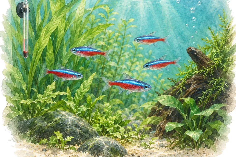 Illustration aquarelle : Quelle température faut-il dans un aquarium d’eau douce ?