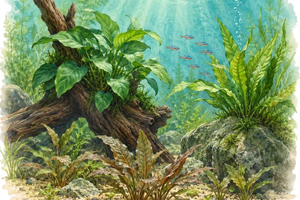 Illustration aquarelle : Quelles plantes choisir pour un premier aquarium ?