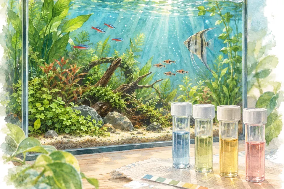 Illustration aquarelle : Quels tests de l’eau sont utiles pour un aquarium ?