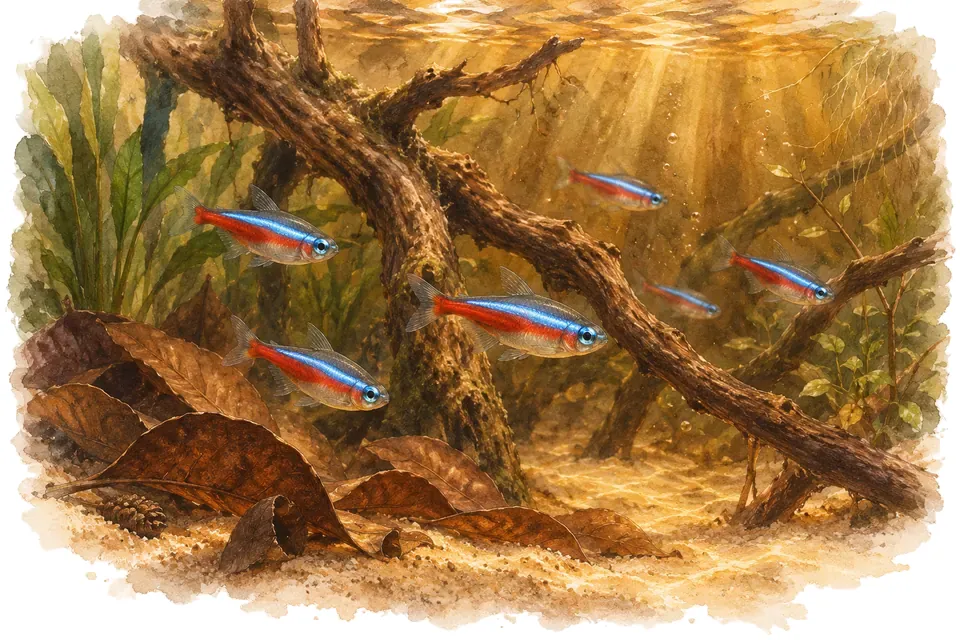 Planche aquarelle : biotope amazonien d'eaux noires : comprendre le milieu.