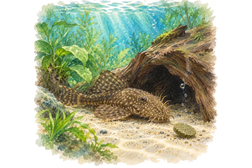 Planche aquarelle : ancistrus : dépasser l’étiquette de poisson nettoyeur.