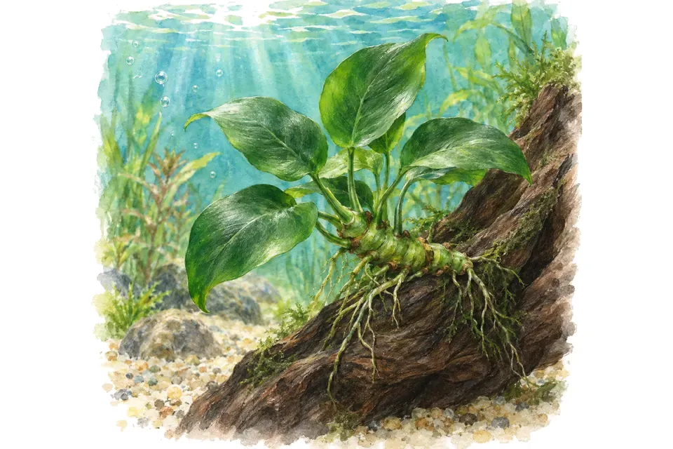 Planche aquarelle : Anubias : réussir une plante à rhizome.