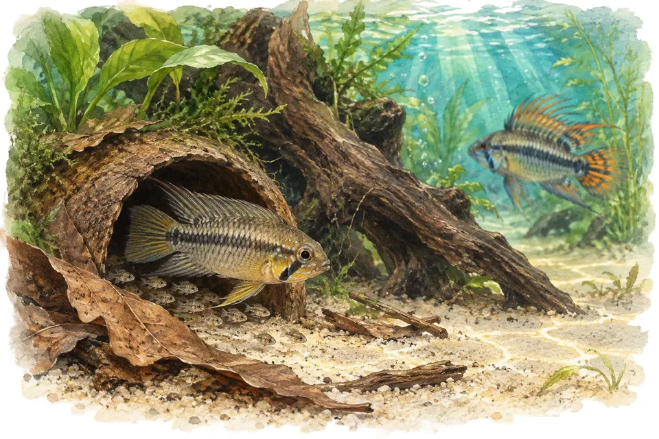 Planche aquarelle : Apistogramma cacatuoides : organiser les territoires.