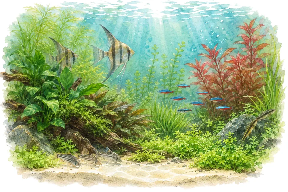 Planche aquarelle : aquarium hollandais : composer avec les massifs.