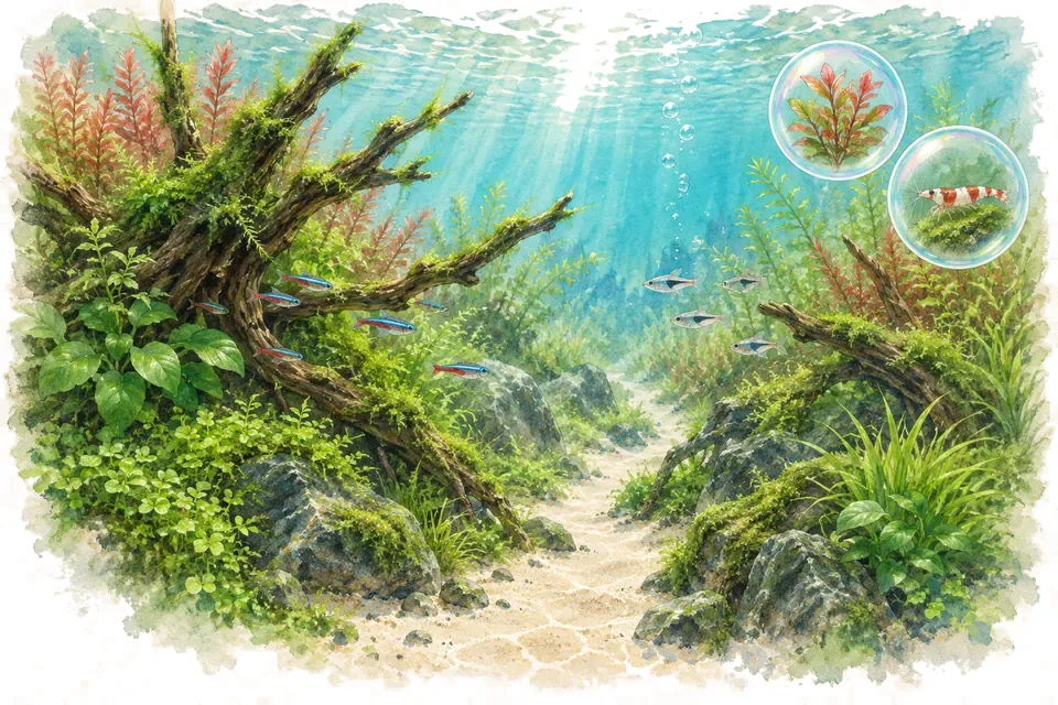 Planche aquarelle : aquarium Nature : comprendre un style de composition.