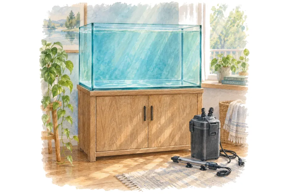 Planche aquarelle : aquarium d'occasion : inspecter avant d'acheter.