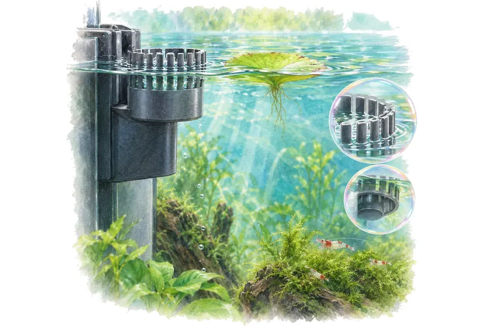 Planche aquarelle : aspirateur de surface : comprendre le skimmer d'eau douce.