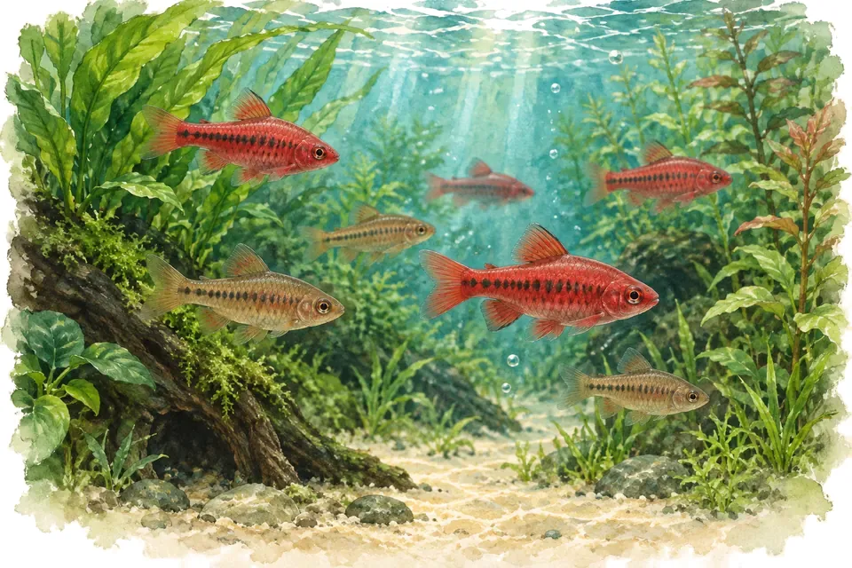 Planche aquarelle : barbus cerise : groupe et aquarium planté.