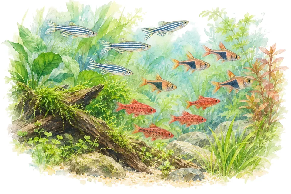 Planche aquarelle du quiz : Quiz barbus, danios et rasboras : bancs, courant et barbillons.