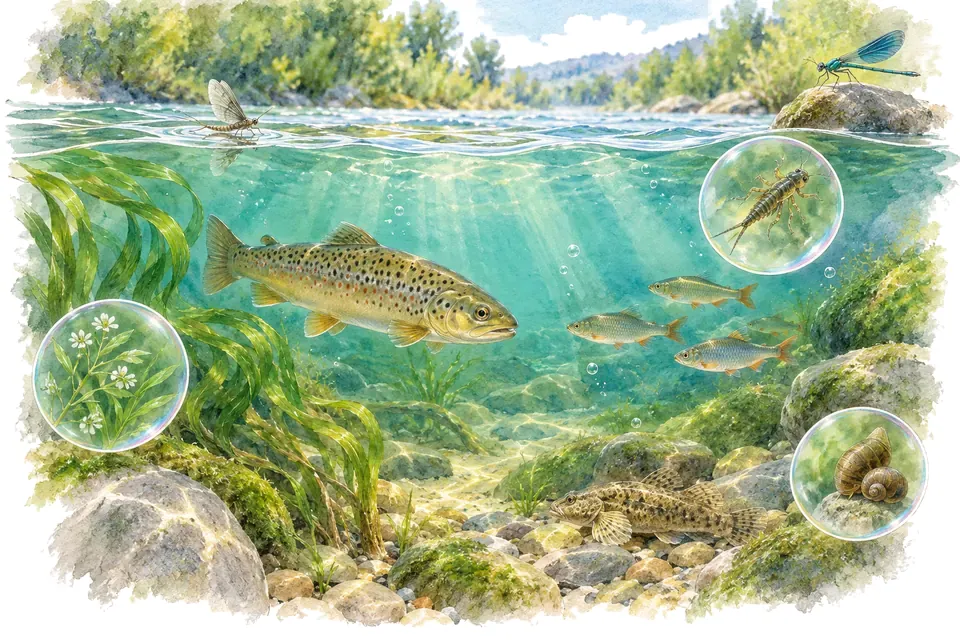 Planche aquarelle : La biodiversité des rivières (pour débuter).