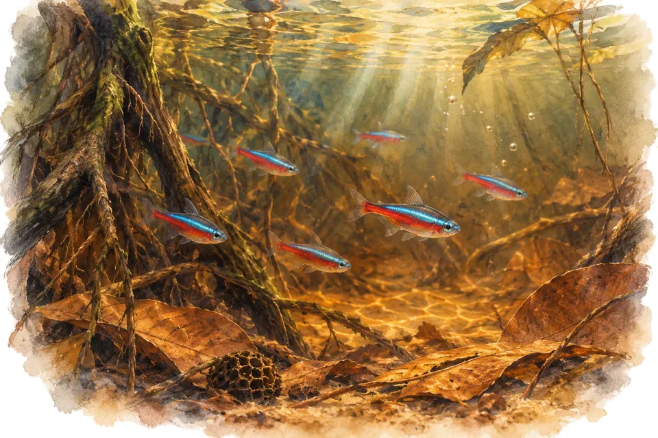 Planche aquarelle du quiz : L'Amazonie en aquarium : quiz niveau confirmé.