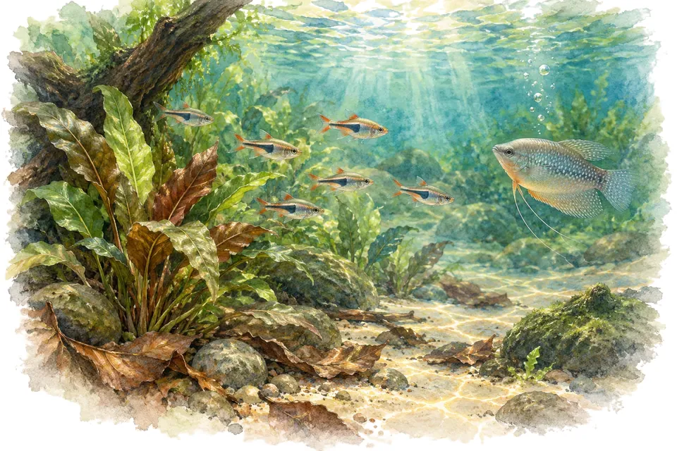 Planche aquarelle du quiz : Les rivières d’Asie en aquarium : quiz confirmé.