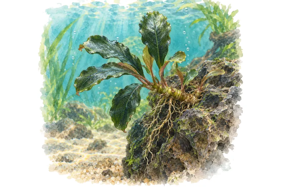 Planche aquarelle : Bucephalandra : cultiver sans abîmer le rhizome.