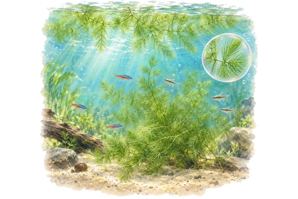 Planche aquarelle : Ceratophyllum : gérer une plante sans racines.