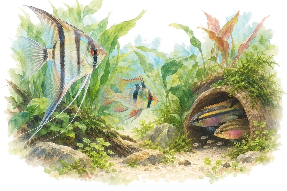 Planche aquarelle du quiz : Quiz les cichlidés : couples, territoires et jeunes.
