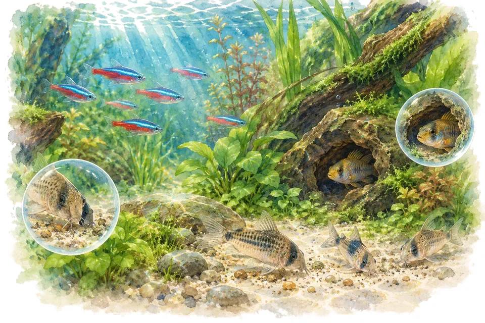 Planche aquarelle du quiz : Comprendre le comportement des poissons.