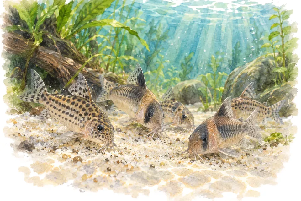 Planche aquarelle : Les corydoras, niveau confirmé.