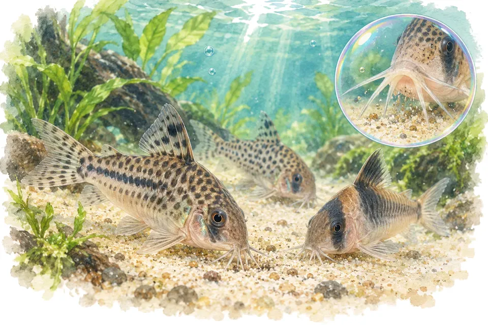 Planche aquarelle : Les Corydoras, niveau expert : quiz sur leur biologie.
